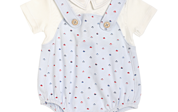 Baby Boy Sailboat Overall Bloomer Romper. 100% Pima Cotton.