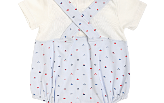 Baby Boy Sailboat Overall Bloomer Romper. 100% Pima Cotton.